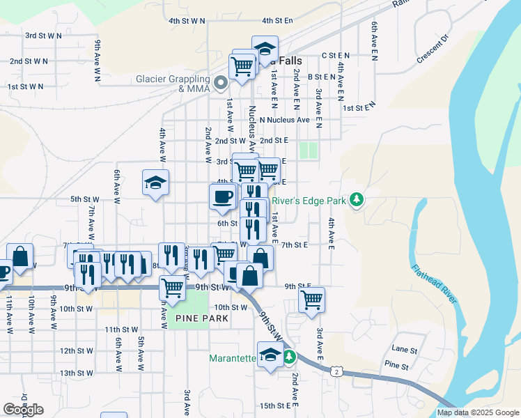 map of restaurants, bars, coffee shops, grocery stores, and more near 544 1st Street East in Columbia Falls