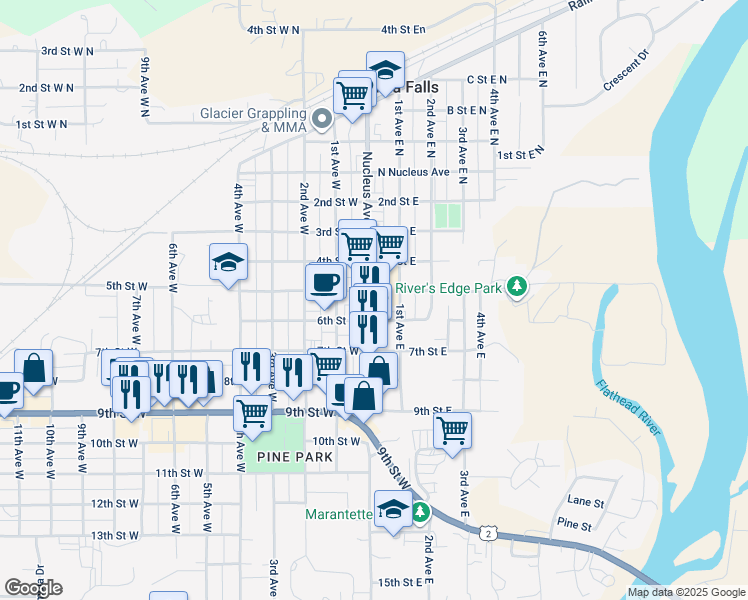 map of restaurants, bars, coffee shops, grocery stores, and more near 511 1st Avenue West in Columbia Falls