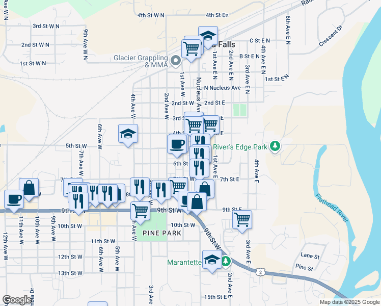 map of restaurants, bars, coffee shops, grocery stores, and more near 511 1st Avenue West in Columbia Falls
