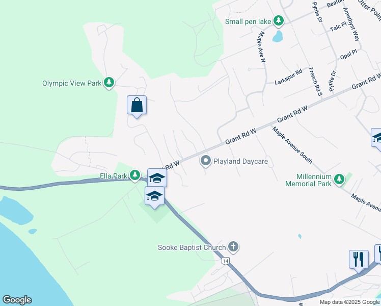 map of restaurants, bars, coffee shops, grocery stores, and more near 7116 Grant Road West in Sooke