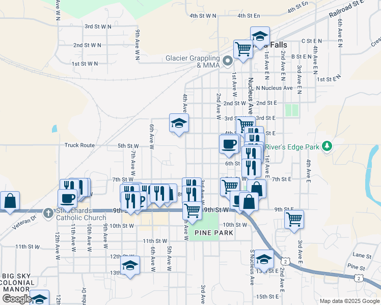 map of restaurants, bars, coffee shops, grocery stores, and more near 505 4th Avenue West in Columbia Falls