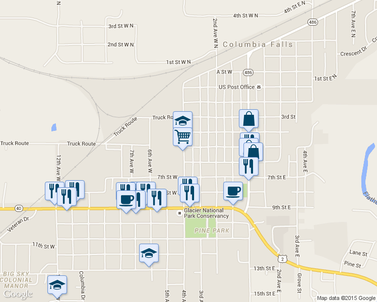 map of restaurants, bars, coffee shops, grocery stores, and more near 505 4th Avenue West in Columbia Falls