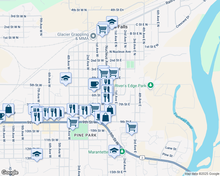 map of restaurants, bars, coffee shops, grocery stores, and more near 544 1st Street East in Columbia Falls