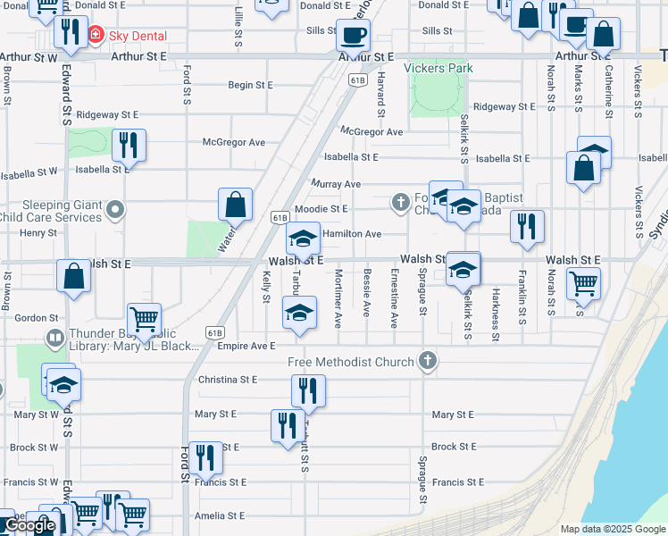 map of restaurants, bars, coffee shops, grocery stores, and more near 720 Mortimer Avenue in Thunder Bay