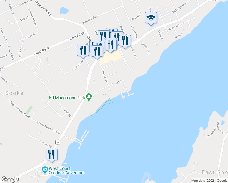 map of restaurants, bars, coffee shops, grocery stores, and more near 1935 Murray Road in Sooke