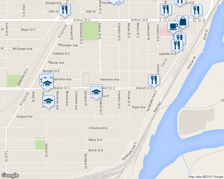 map of restaurants, bars, coffee shops, grocery stores, and more near in Thunder Bay