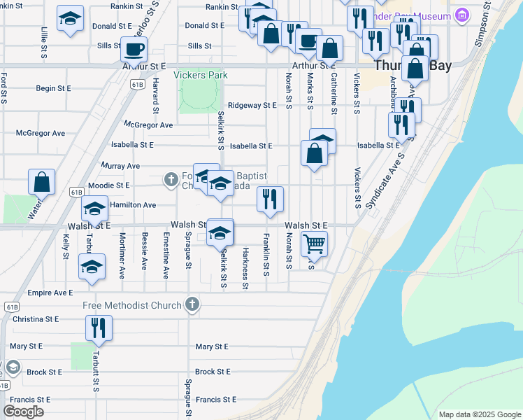 map of restaurants, bars, coffee shops, grocery stores, and more near 1404 Hamilton Avenue in Thunder Bay