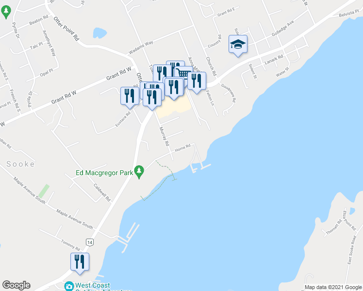 map of restaurants, bars, coffee shops, grocery stores, and more near 6682 Horne Road in Sooke