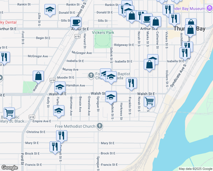 map of restaurants, bars, coffee shops, grocery stores, and more near 621 Selkirk Street South in Thunder Bay