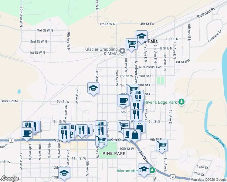 map of restaurants, bars, coffee shops, grocery stores, and more near 336 2nd Street West in Columbia Falls