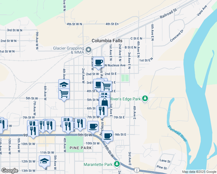 map of restaurants, bars, coffee shops, grocery stores, and more near 4th St E in Columbia Falls