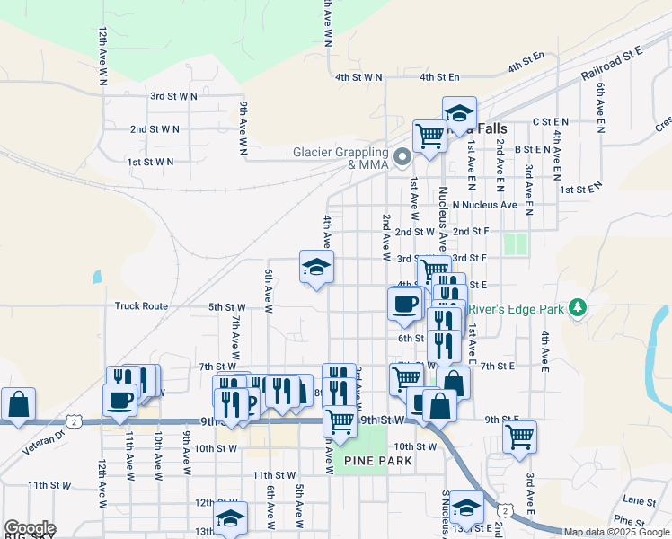map of restaurants, bars, coffee shops, grocery stores, and more near 324-334 4th Street West in Columbia Falls