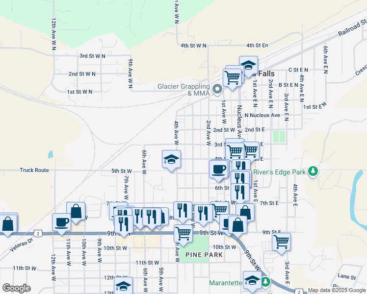 map of restaurants, bars, coffee shops, grocery stores, and more near 324-334 4th Street West in Columbia Falls
