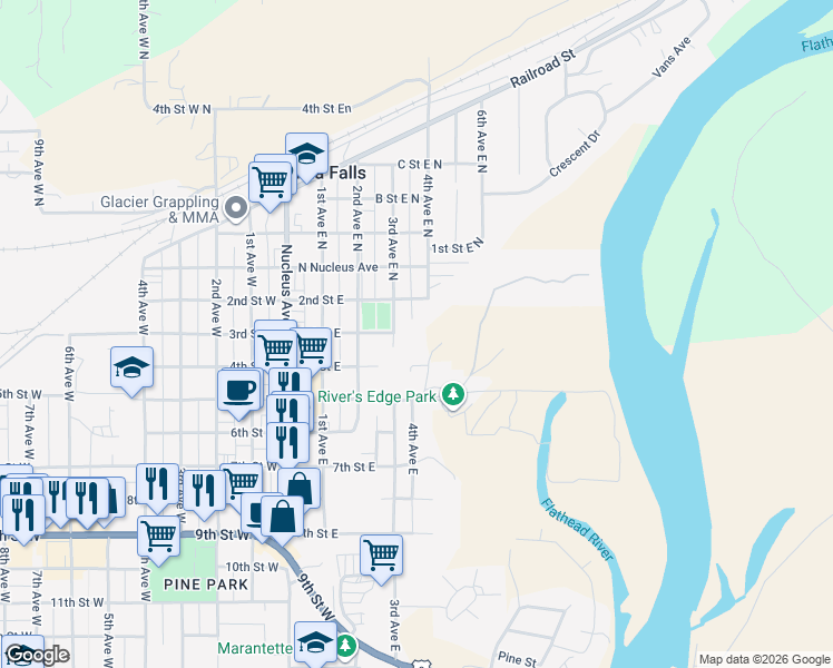 map of restaurants, bars, coffee shops, grocery stores, and more near 324 2nd Street East in Columbia Falls