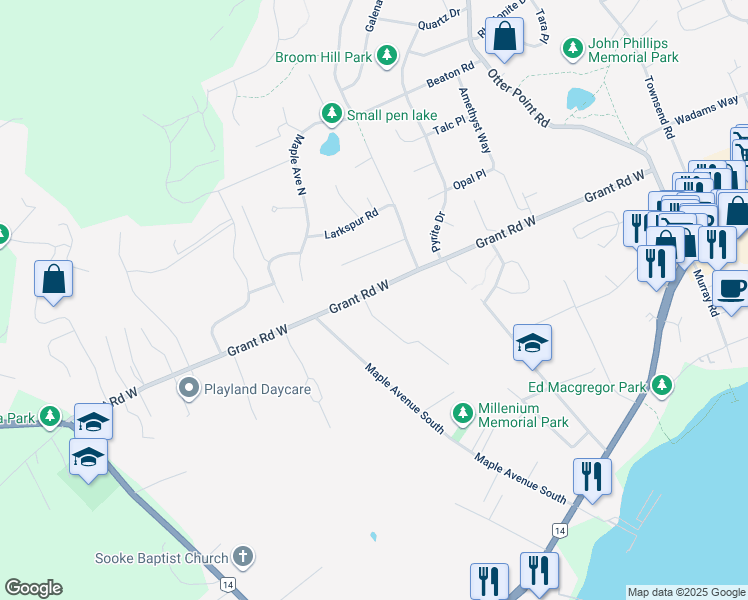 map of restaurants, bars, coffee shops, grocery stores, and more near 6943 Guardian Road in Sooke