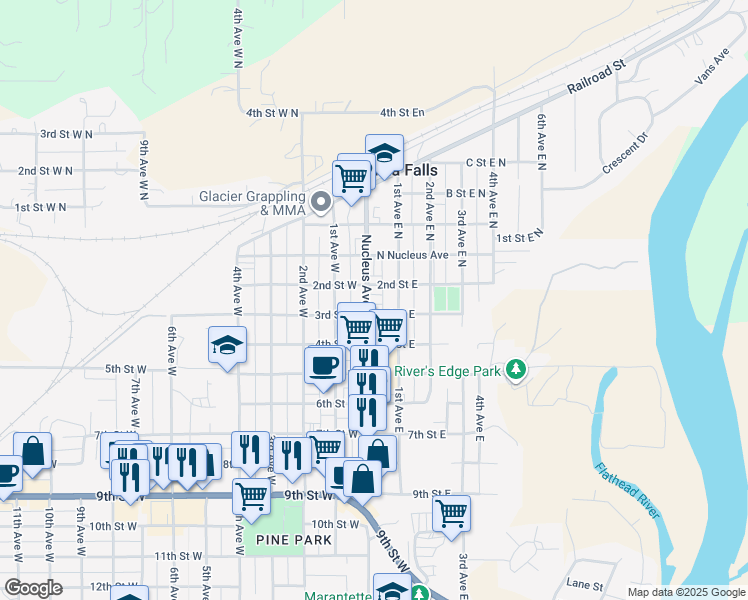 map of restaurants, bars, coffee shops, grocery stores, and more near 214 Nucleus Avenue in Columbia Falls