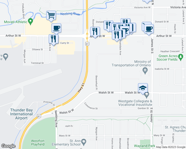map of restaurants, bars, coffee shops, grocery stores, and more near 669 Beaverhall Place in Thunder Bay