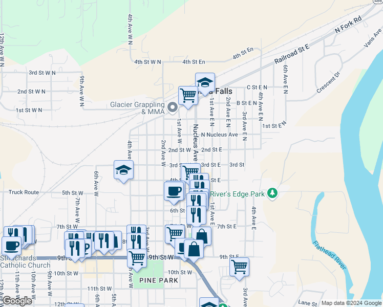 map of restaurants, bars, coffee shops, grocery stores, and more near 214 Nucleus Avenue in Columbia Falls