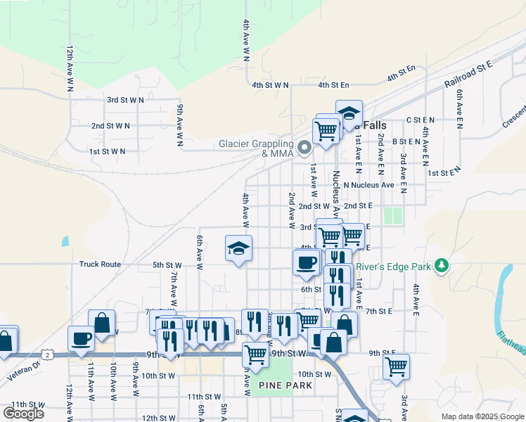 map of restaurants, bars, coffee shops, grocery stores, and more near 210 3rd Avenue West North in Columbia Falls