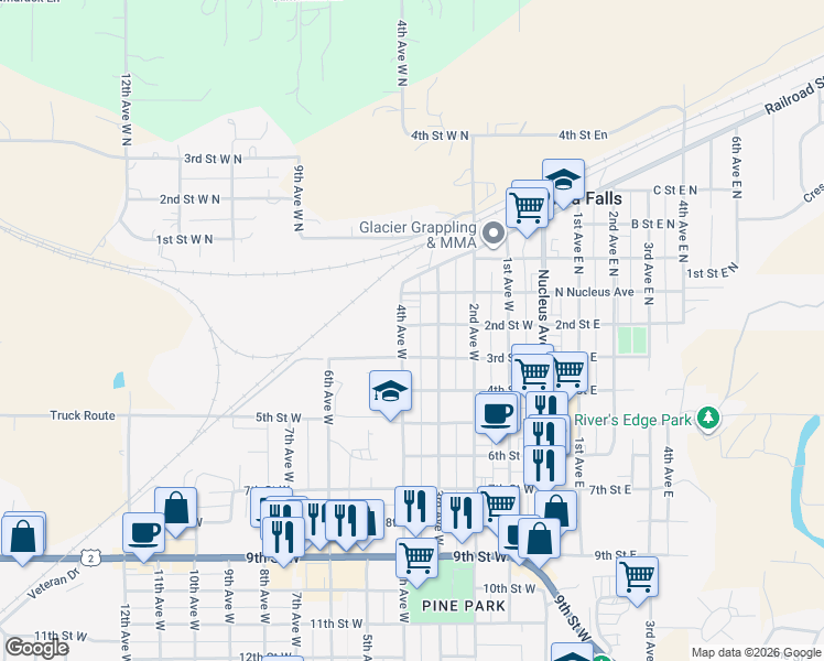 map of restaurants, bars, coffee shops, grocery stores, and more near 210 3rd Avenue West North in Columbia Falls