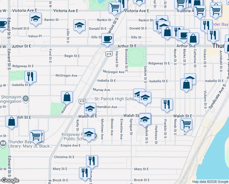 map of restaurants, bars, coffee shops, grocery stores, and more near 1830 Murray Avenue in Thunder Bay