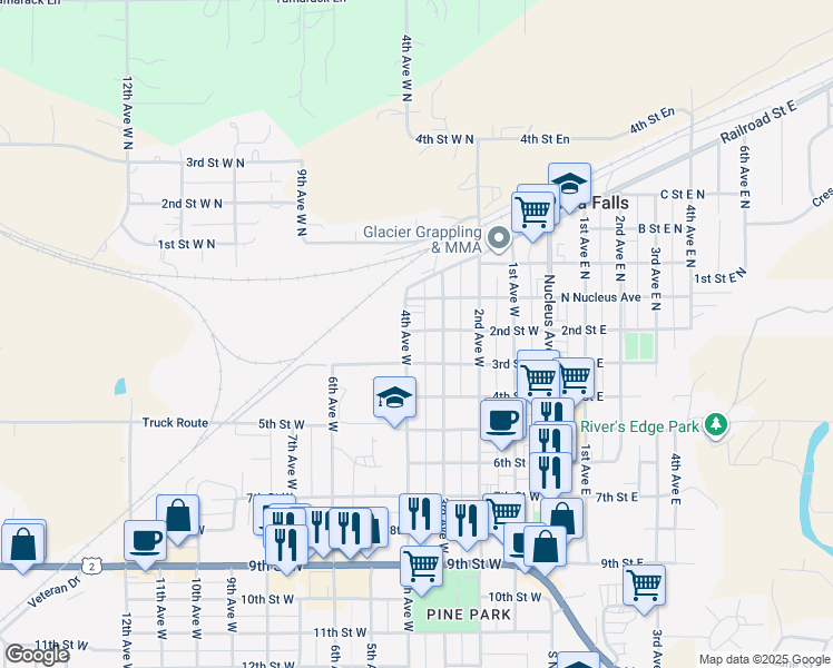 map of restaurants, bars, coffee shops, grocery stores, and more near 210 3rd Avenue West North in Columbia Falls