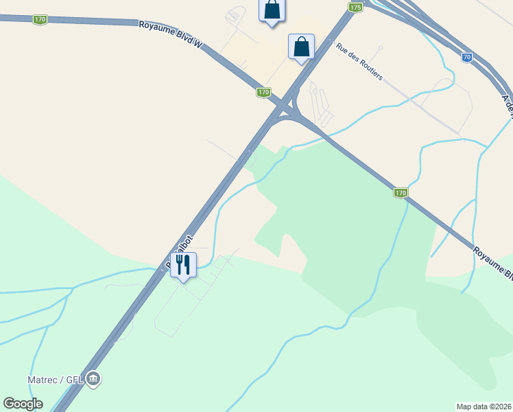 map of restaurants, bars, coffee shops, grocery stores, and more near 130 Rue du Domaine-sur-le-Golf in Saguenay