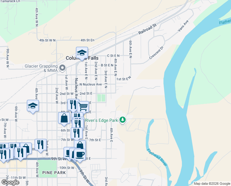 map of restaurants, bars, coffee shops, grocery stores, and more near 324 2nd Street East in Columbia Falls