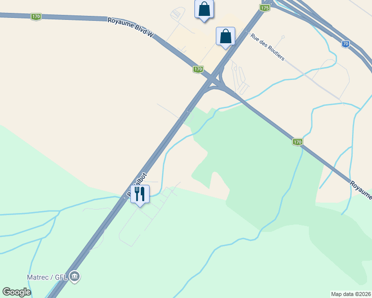 map of restaurants, bars, coffee shops, grocery stores, and more near 111 Rue du Domaine-sur-le-Golf in Saguenay