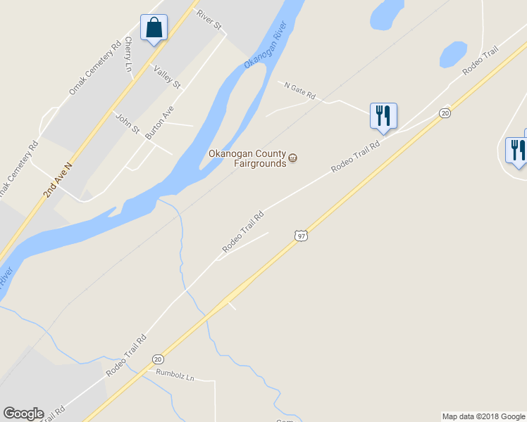 map of restaurants, bars, coffee shops, grocery stores, and more near Rodeo Trail Road in Okanogan