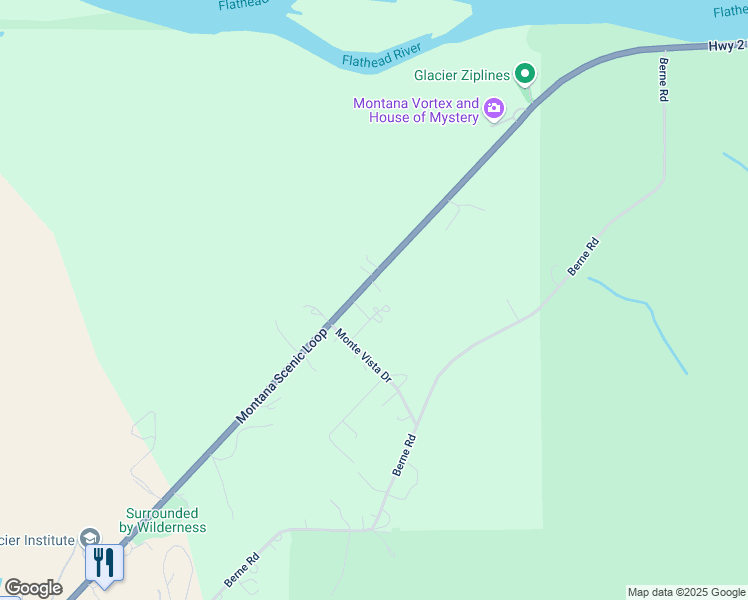 map of restaurants, bars, coffee shops, grocery stores, and more near 7622 Highway 2 East in Columbia Falls