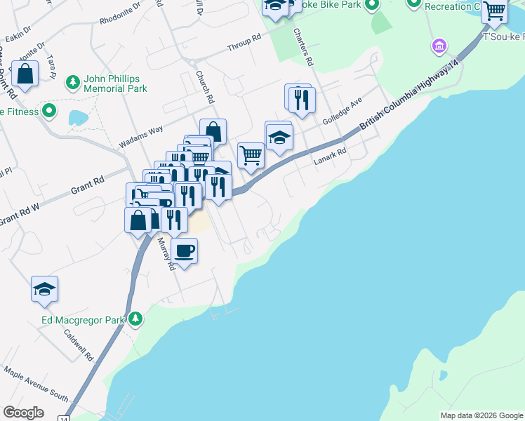 map of restaurants, bars, coffee shops, grocery stores, and more near 6585 Sooke Road in Sooke