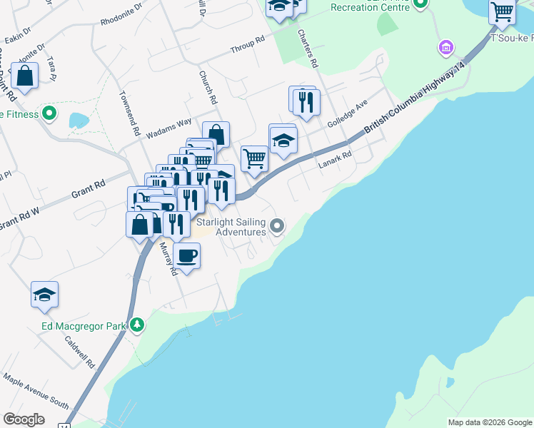 map of restaurants, bars, coffee shops, grocery stores, and more near 6585 Sooke Road in Sooke