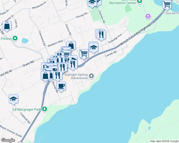 map of restaurants, bars, coffee shops, grocery stores, and more near 6585 Sooke Road in Sooke