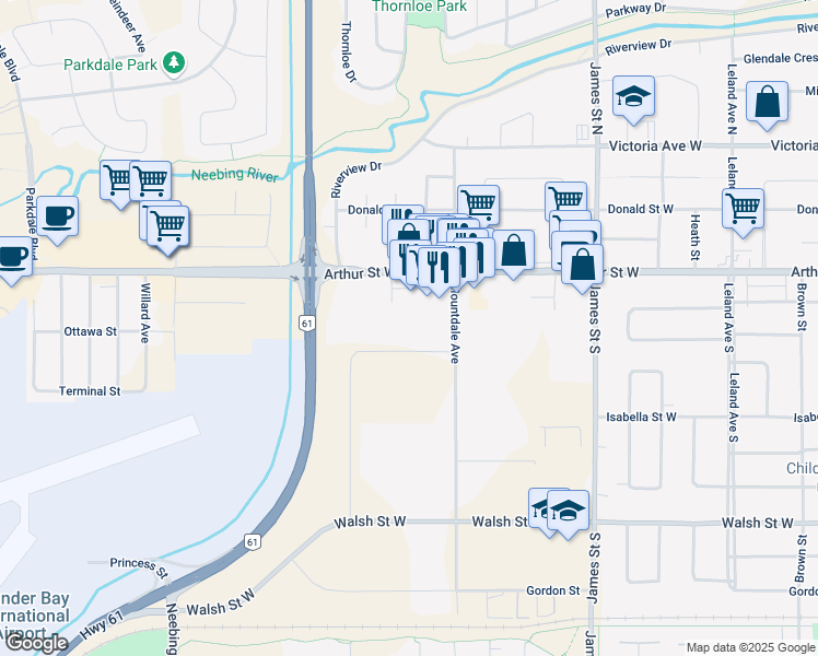 map of restaurants, bars, coffee shops, grocery stores, and more near 615 Beaverhall Place in Thunder Bay
