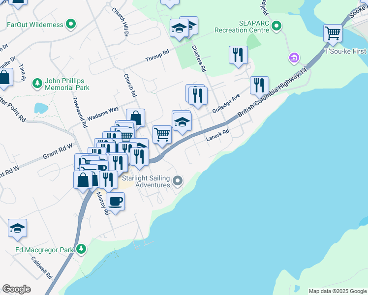 map of restaurants, bars, coffee shops, grocery stores, and more near 6562 Lanark Road in Sooke