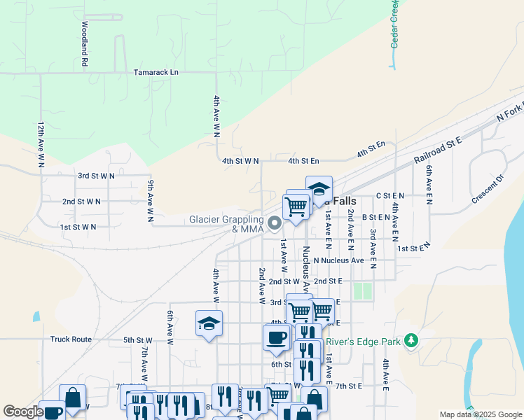 map of restaurants, bars, coffee shops, grocery stores, and more near 210 2nd Avenue West North in Columbia Falls