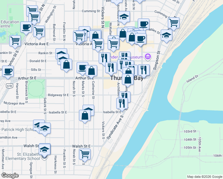 map of restaurants, bars, coffee shops, grocery stores, and more near in Thunder Bay
