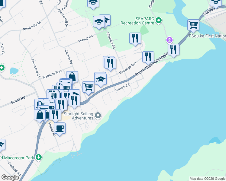 map of restaurants, bars, coffee shops, grocery stores, and more near 2018 Dover Street in Sooke