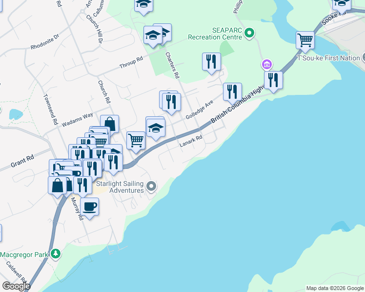 map of restaurants, bars, coffee shops, grocery stores, and more near 2018 Dover Street in Sooke