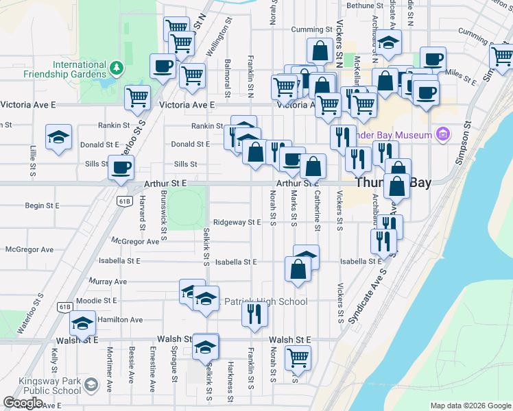 map of restaurants, bars, coffee shops, grocery stores, and more near 324 Franklin Street South in Thunder Bay