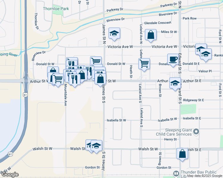 map of restaurants, bars, coffee shops, grocery stores, and more near 431 Heather Crescent in Thunder Bay