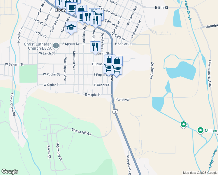 map of restaurants, bars, coffee shops, grocery stores, and more near 501-547 E Cedar St in Libby