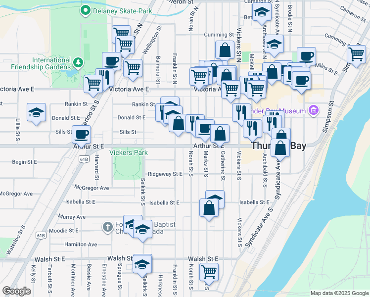map of restaurants, bars, coffee shops, grocery stores, and more near 1308 Arthur Street East in Thunder Bay