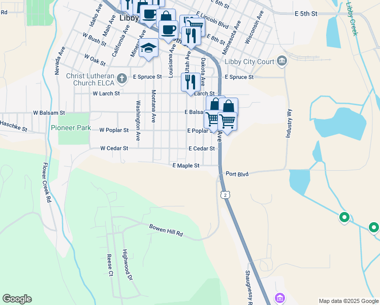 map of restaurants, bars, coffee shops, grocery stores, and more near 417 E Cedar St in Libby