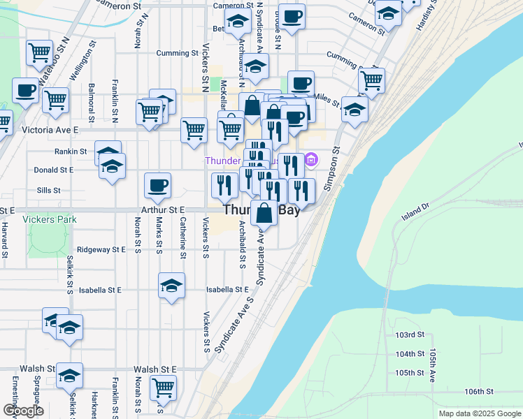 map of restaurants, bars, coffee shops, grocery stores, and more near in Thunder Bay