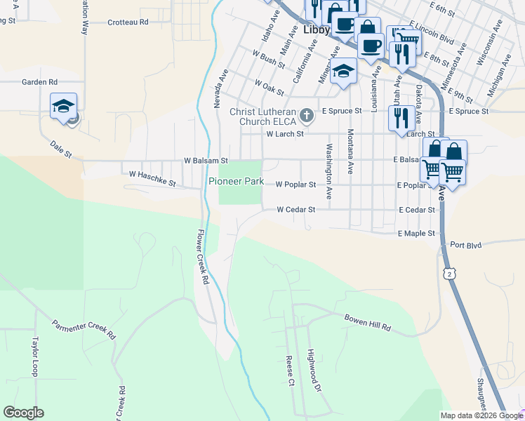 map of restaurants, bars, coffee shops, grocery stores, and more near 101 Cedar Exd in Libby
