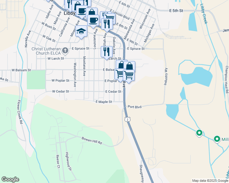 map of restaurants, bars, coffee shops, grocery stores, and more near 501 East Cedar Street in Libby