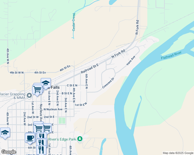 map of restaurants, bars, coffee shops, grocery stores, and more near 300-598 7th Avenue East N in Columbia Falls