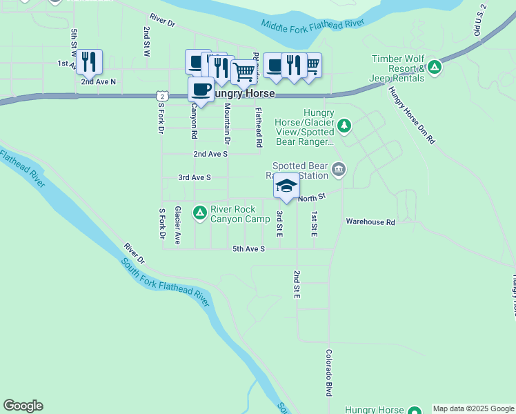 map of restaurants, bars, coffee shops, grocery stores, and more near 497 5th Street Southeast in Hungry Horse